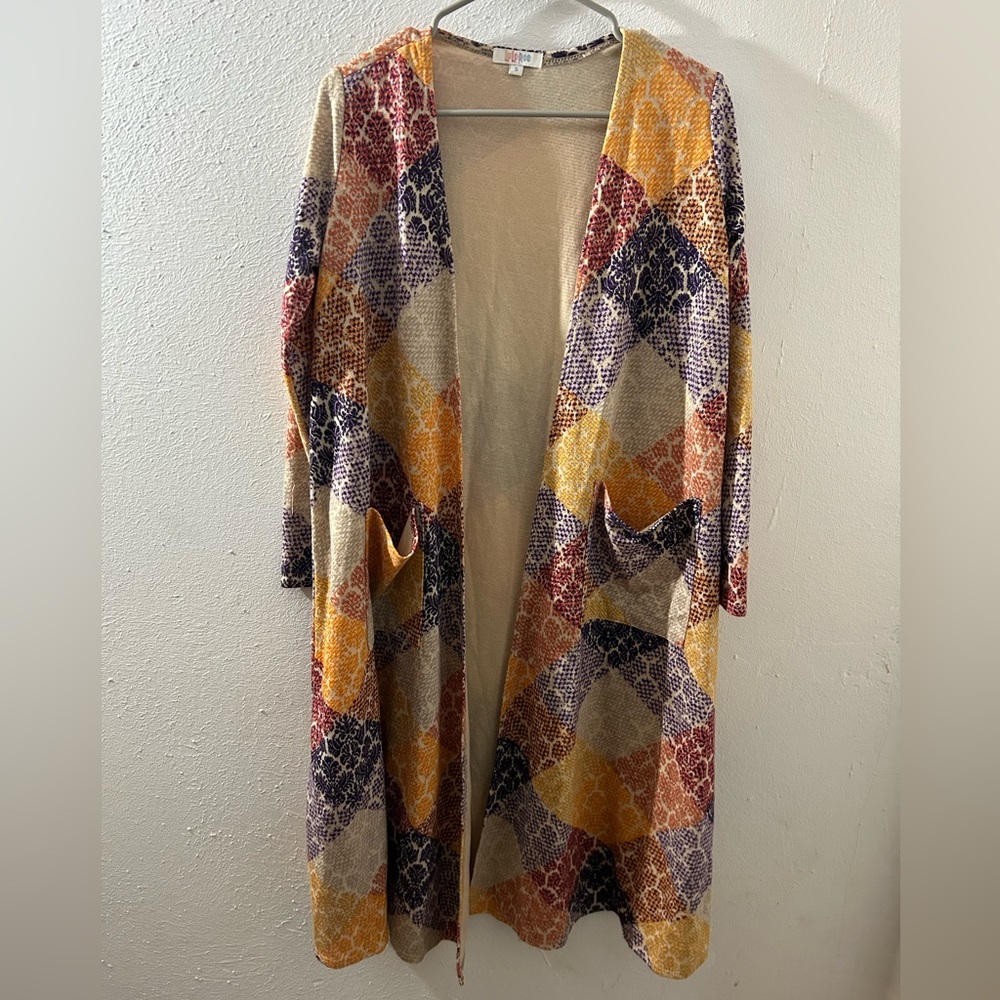 Open-Front Long Cardigan Sweater in Mustard Multi